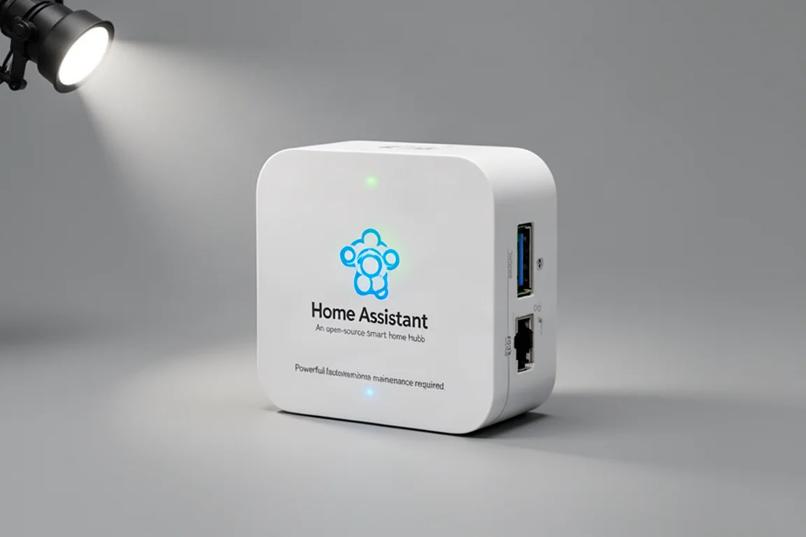 Sammlung von Smart-Home-Geräten, darunter Türschloss, Türklingel, Thermostat, Lautsprecher und Dimmschalter auf Eichenholzoberfläche