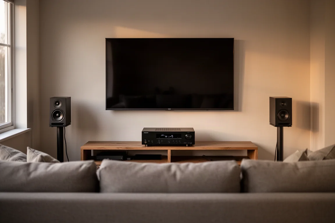 Heimkino-Setup im Wohnzimmer mit AV-Receiver, wandmontiertem TV und Lautsprechern auf Ständern