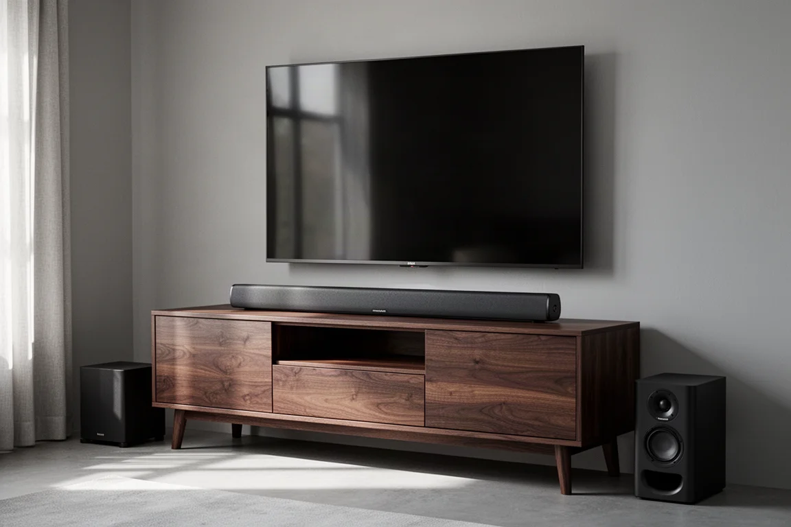 Soundbar auf einer Media-Konsole unter einem TV mit einem Subwoofer in der Ecke