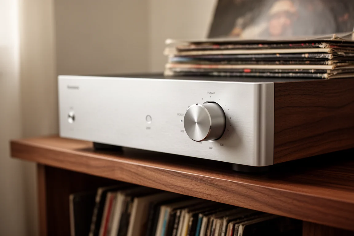 Nahaufnahme der Frontplatte eines Vollverstärkers auf einem Regal neben Vinylplatten