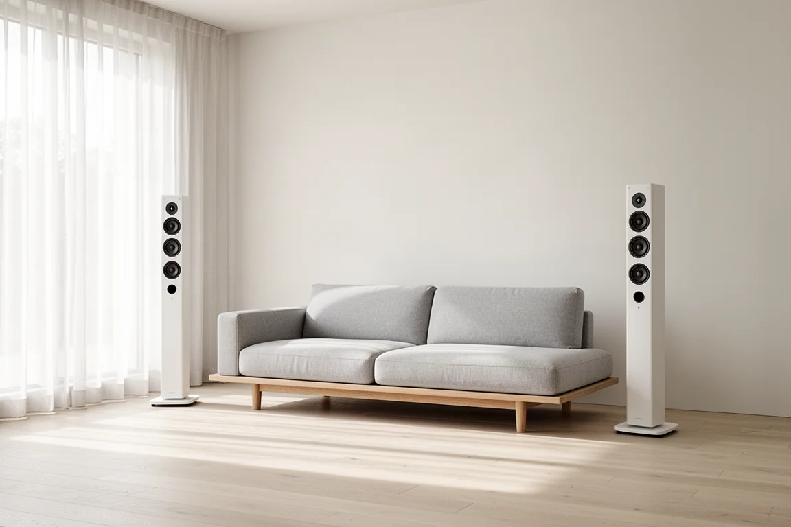 Schlanke kabellose Lautsprecher beidseitig eines Sofas in einer hellen minimalistischen Wohnung