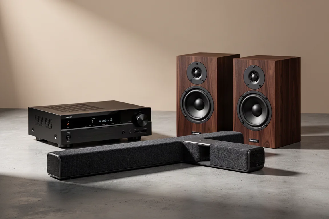 AV receiver, soundbar and standmount speakers arranged on a concrete surface