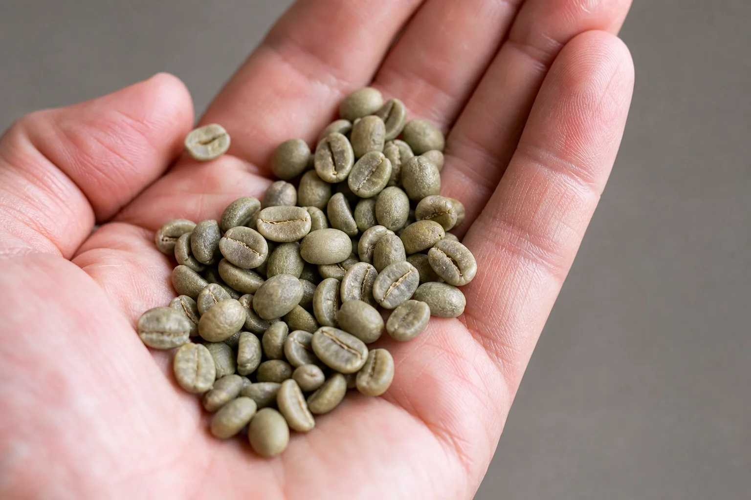 Green coffee beans in hand showing dense, hard texture before roasting