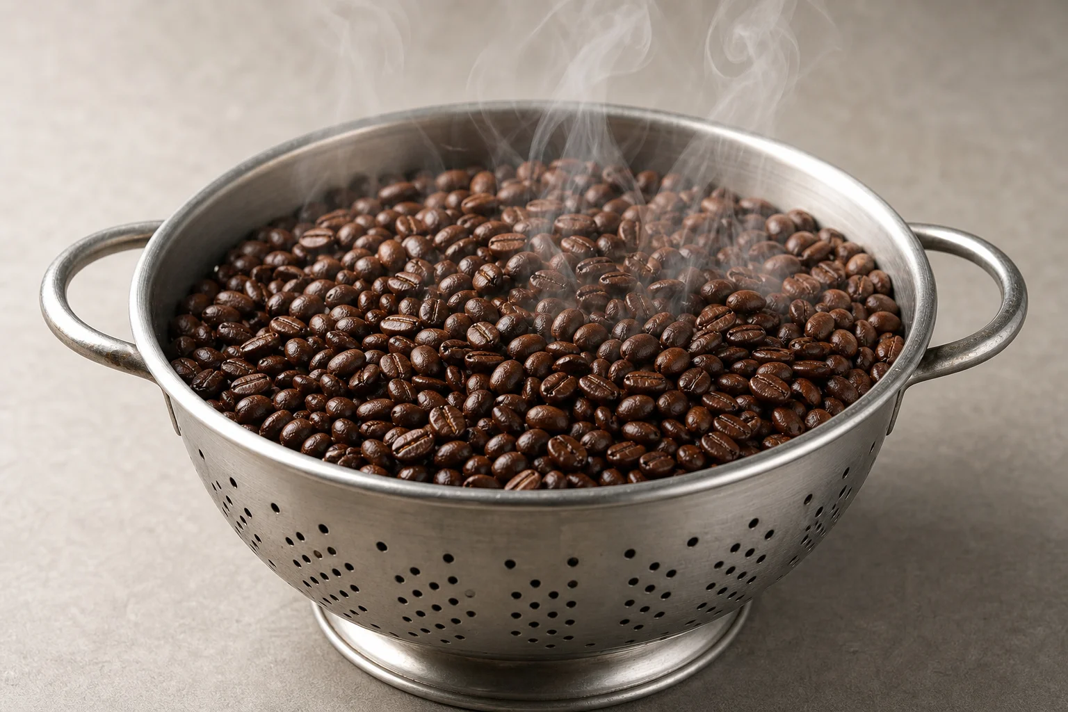 Metal colander cooling freshly roasted brown coffee beans with steam rising