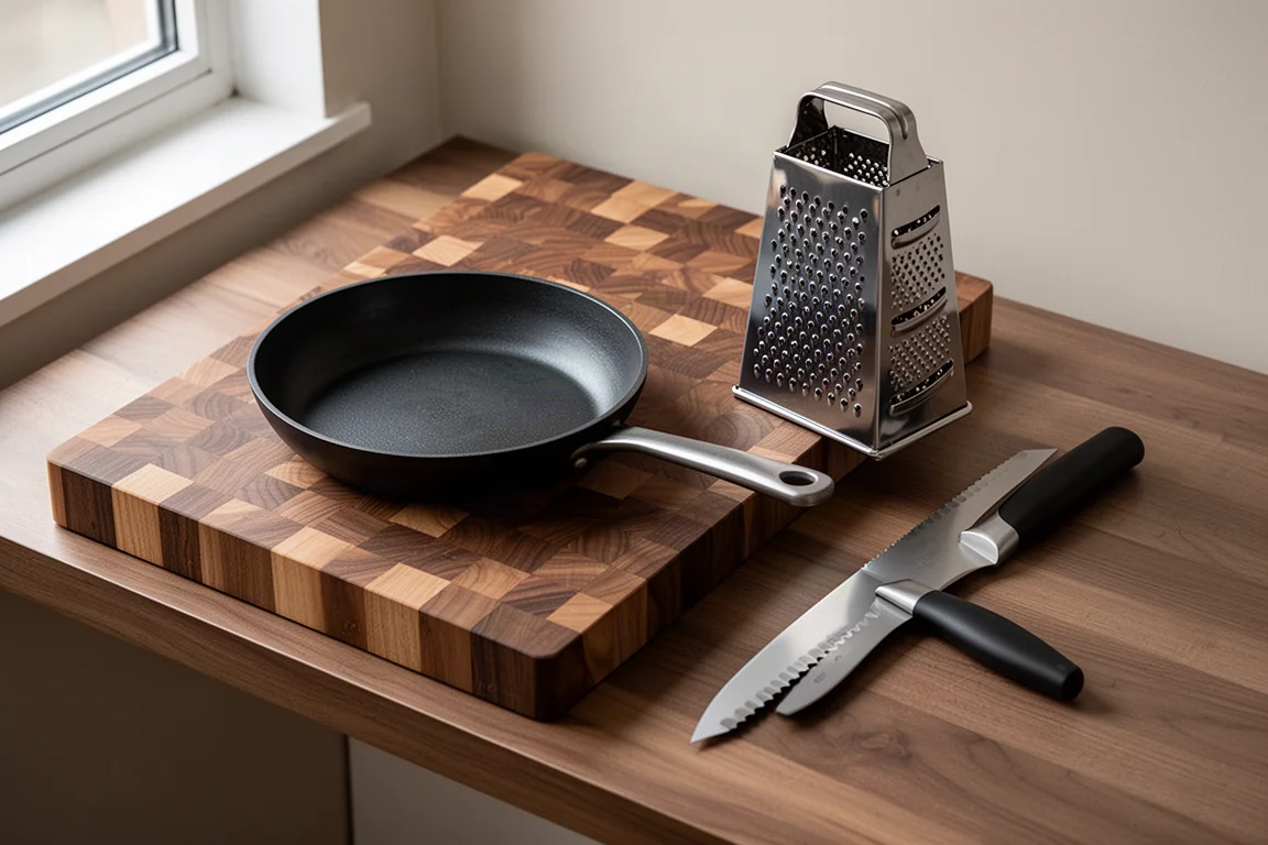Kitchen essentials flat-lay with cutting board, carbon steel pan, box grater, and bread knife