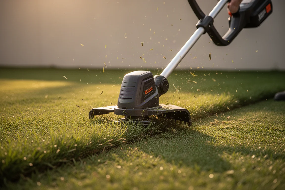Coupe-herbe sans fil délimitant un bord de pelouse impeccable dans une douce lumière du soir