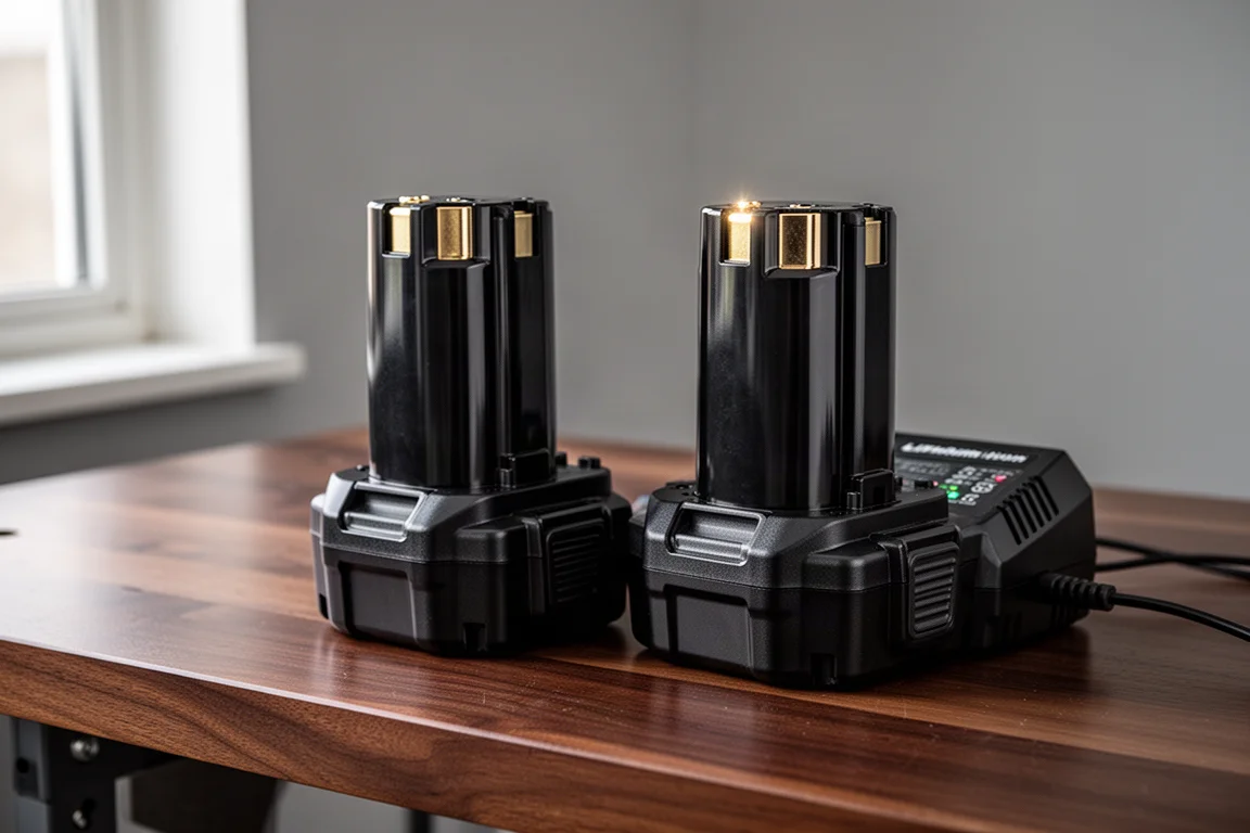 Deux grandes batteries lithium-ion pour outils sans fil et un chargeur sur un établi