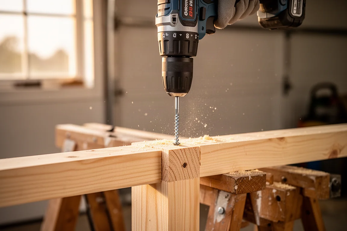 Perceuse compacte sans fil vissant une vis dans un montants en bois sur un chantier