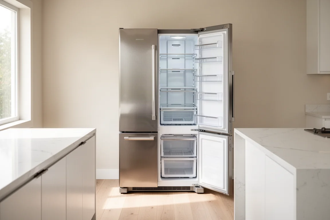 Réfrigérateur à portes françaises en acier inoxydable dans une cuisine moderne et lumineuse