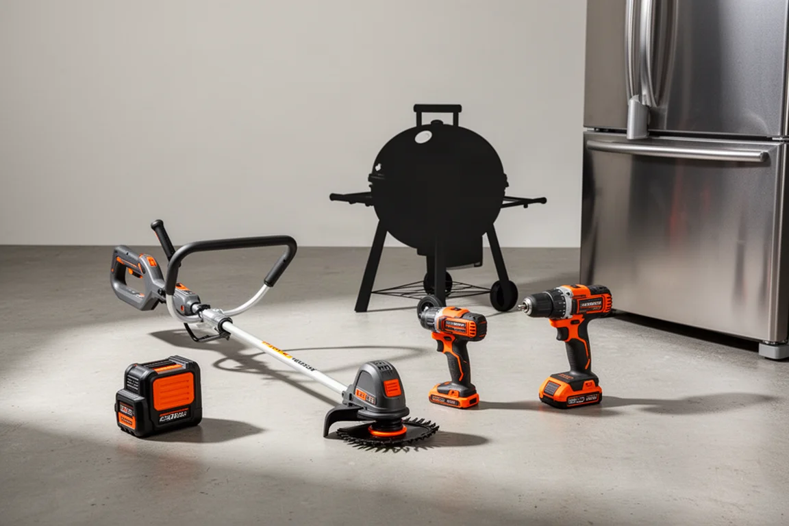 Flat-lay of summer home and garage products including a trimmer, drill, and grill on concrete