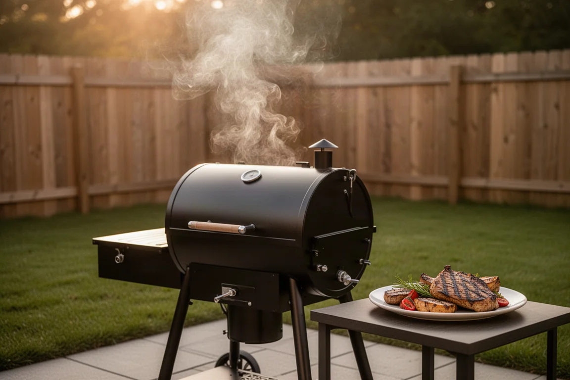 Terrasse im Hinterhof, aus einem barrel-förmigen Pelletgrill steigt Rauch auf, goldenes Licht
