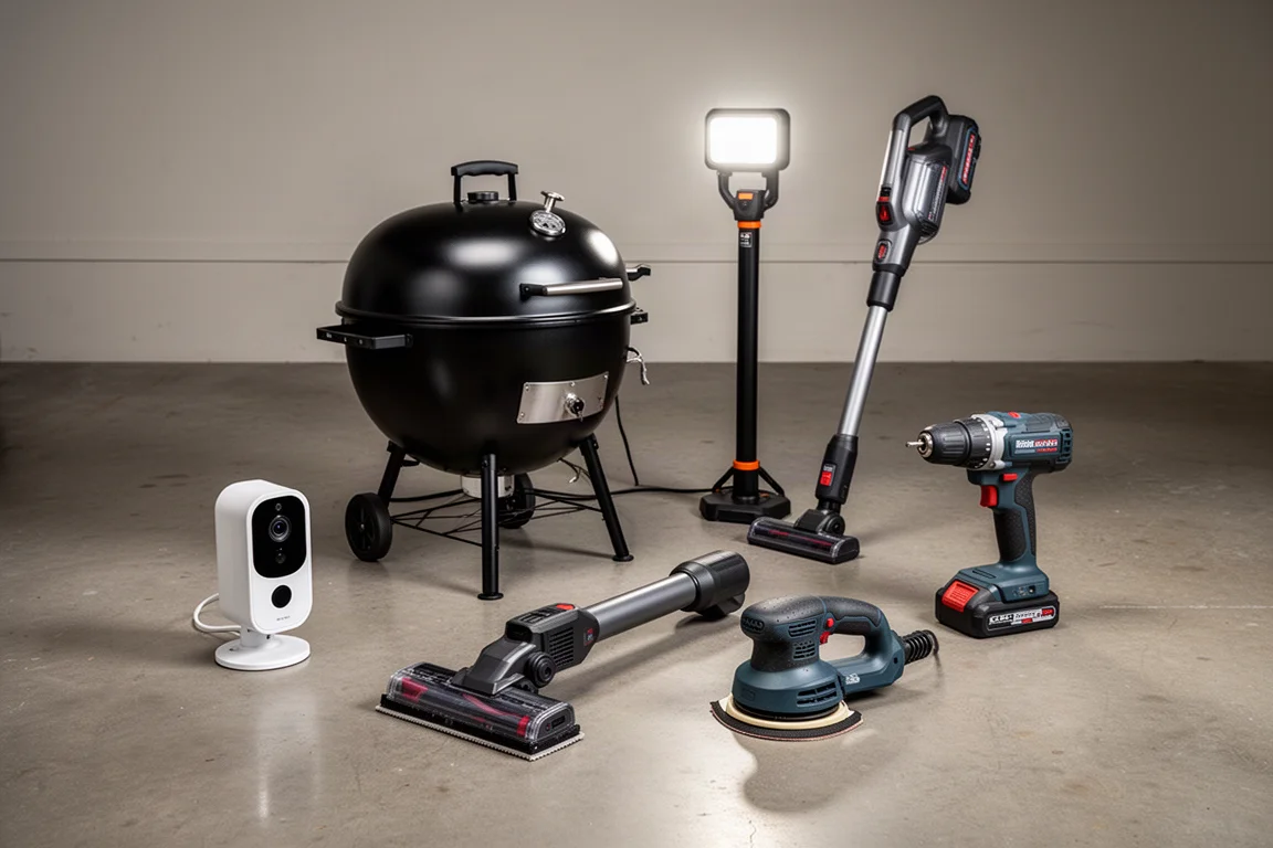 Assortment of home and workshop products arranged on a concrete garage floor