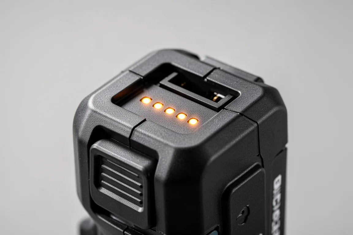 滑軌式電動工具電池上電量顯示 LED 燈的特寫