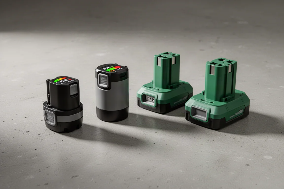 Four cordless power tool batteries arranged on a concrete workshop floor