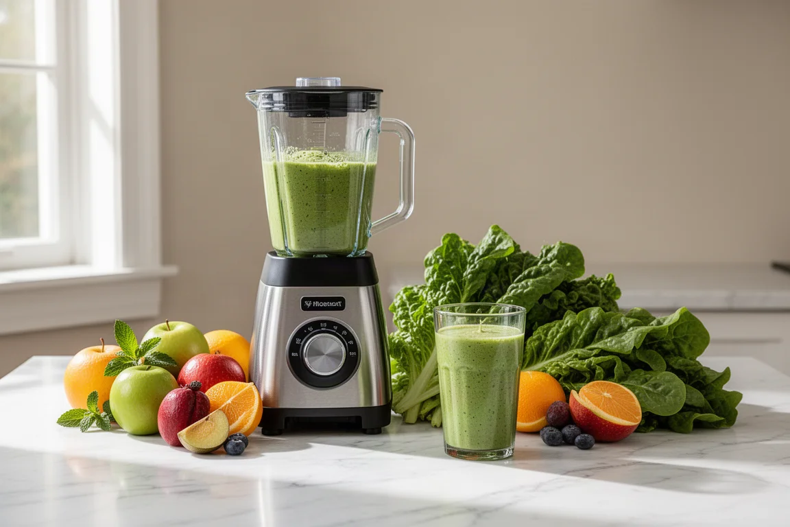 Piano cucina con frullatore e ingredienti freschi pronti per uno smoothie
