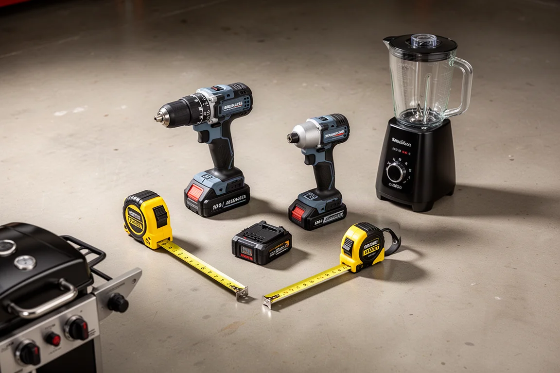 Flat-lay of drill, tape measure, grill and blender on a concrete floor