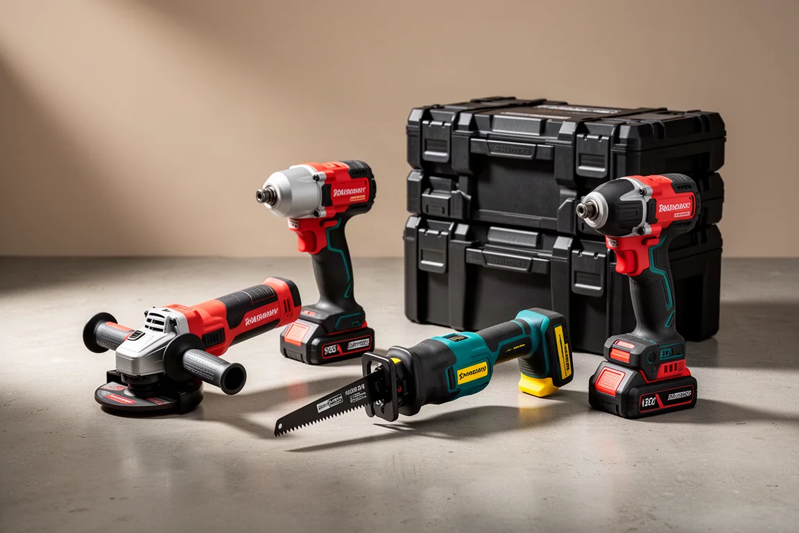 Cordless power tools and tool storage boxes arranged on a concrete workshop floor