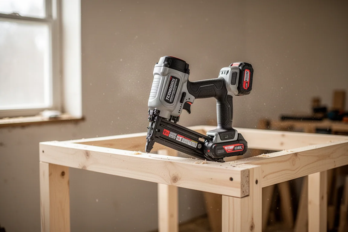 Accuboormachine en klopschroefmachine op een houten werkbank