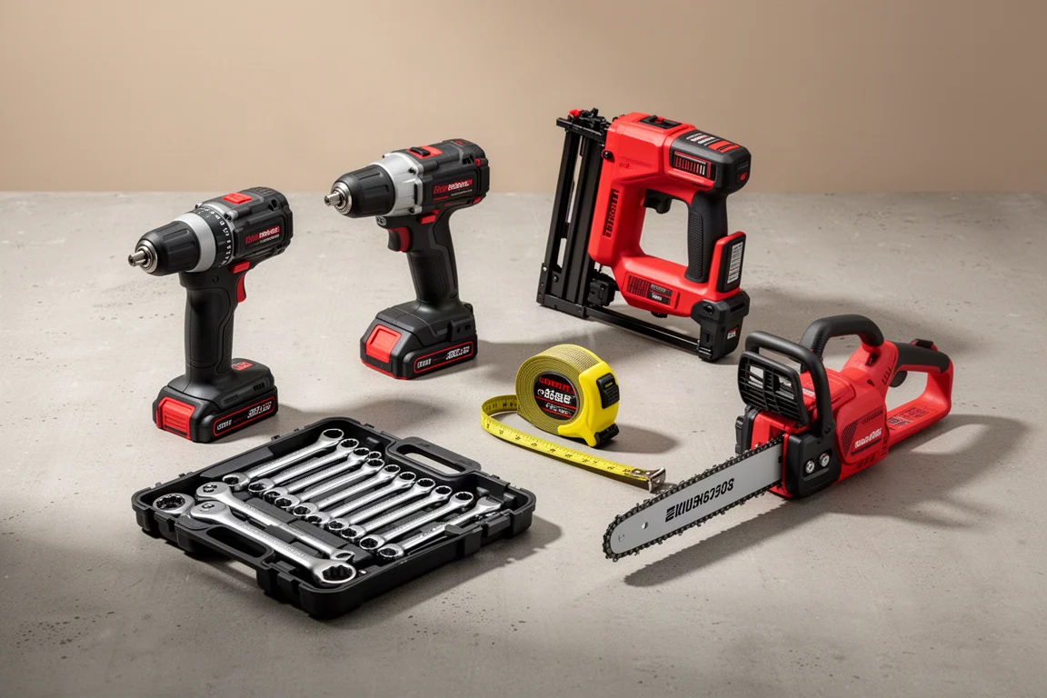 Assortment of power tools, hand tools, and stackable storage boxes on a concrete floor