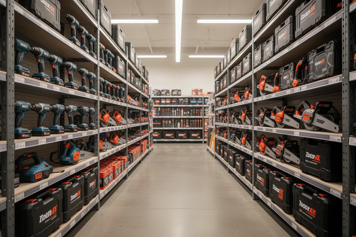 Accu finish nailer die ligt op een stapel planken in een werkplaats