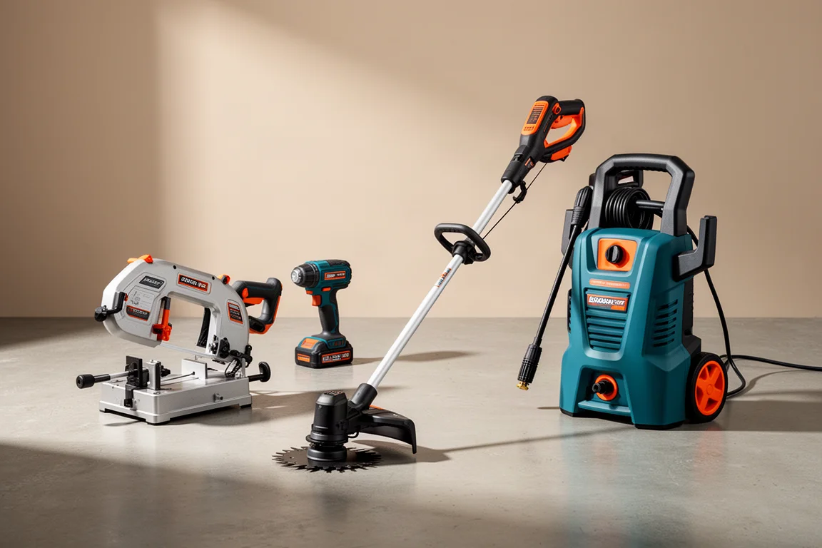 Lineup of cordless power tools on a concrete workshop floor