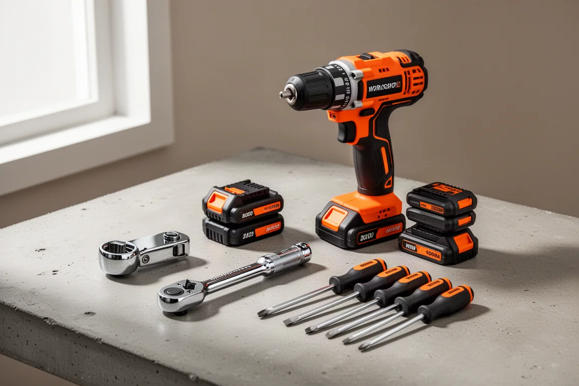 Assorted power tools, ratchet and screwdrivers arranged on a concrete surface