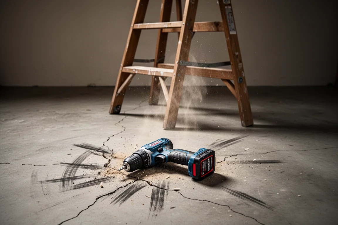 Perceuses sans fil lâchées de hauteur sur du béton fissuré, poussière visible