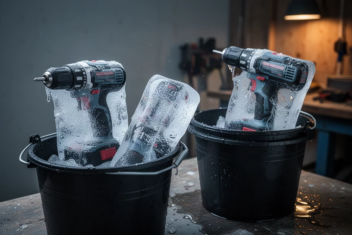 Perceuses en train de dégeler dans des seaux après avoir été gelées dans des blocs de glace