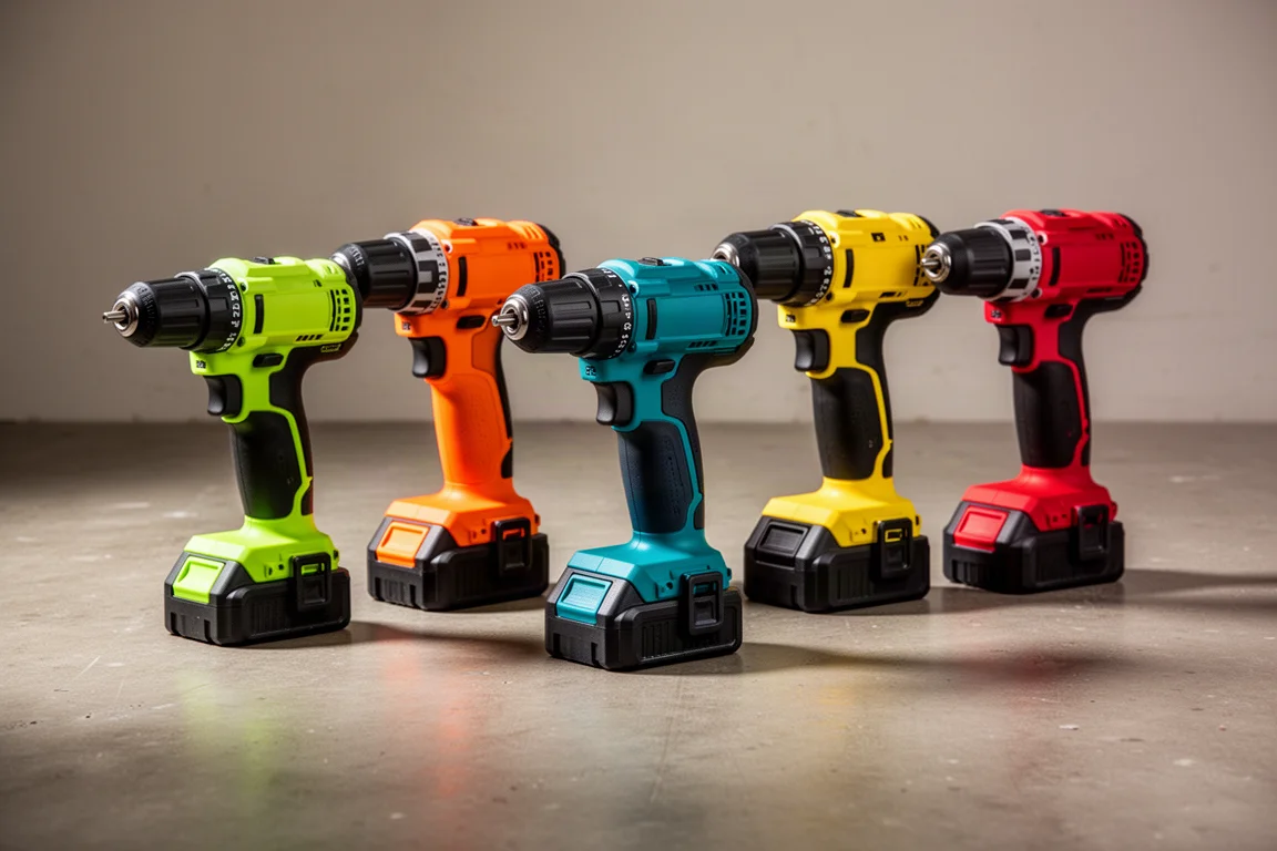 Five cordless drills in green, orange, blue, yellow and red lined up on concrete