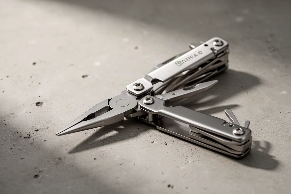 Multitool med tänger utslagen på en betongyta