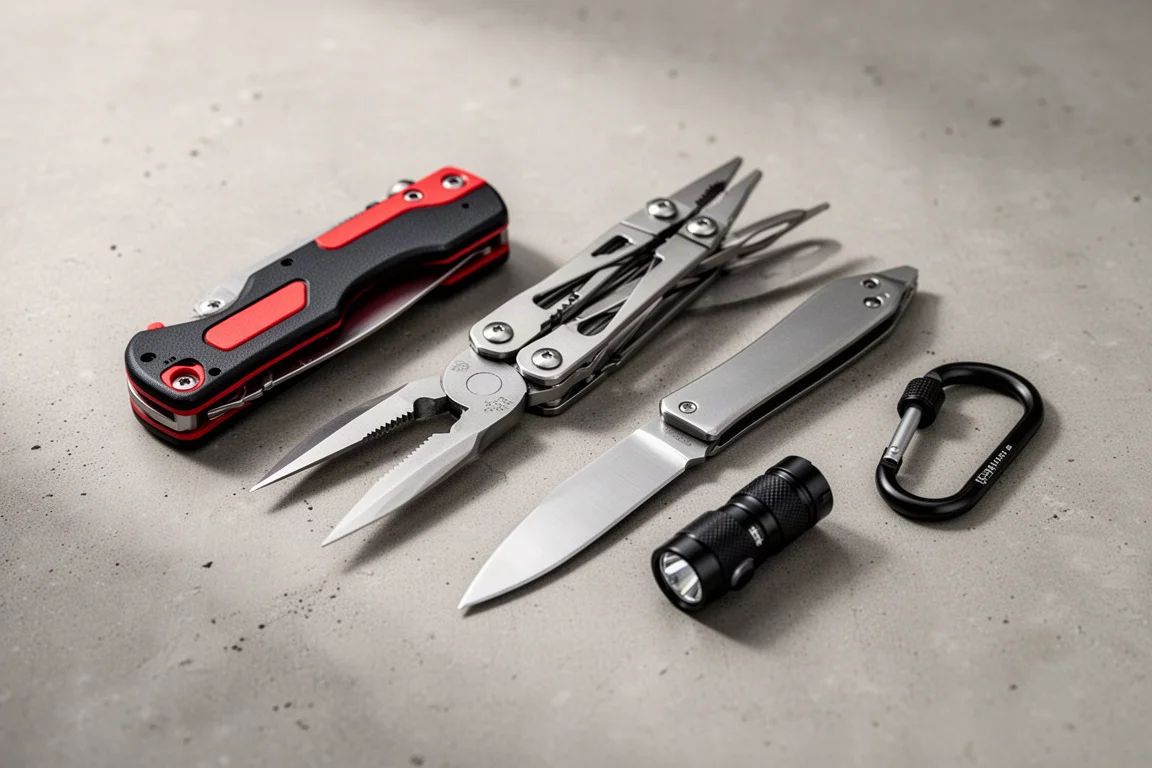 Five everyday carry tools arranged on a concrete surface