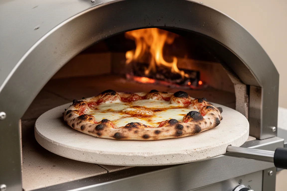 Pizza recién cocinada sobre una piedra giratoria dentro de un horno de pizza de propano
