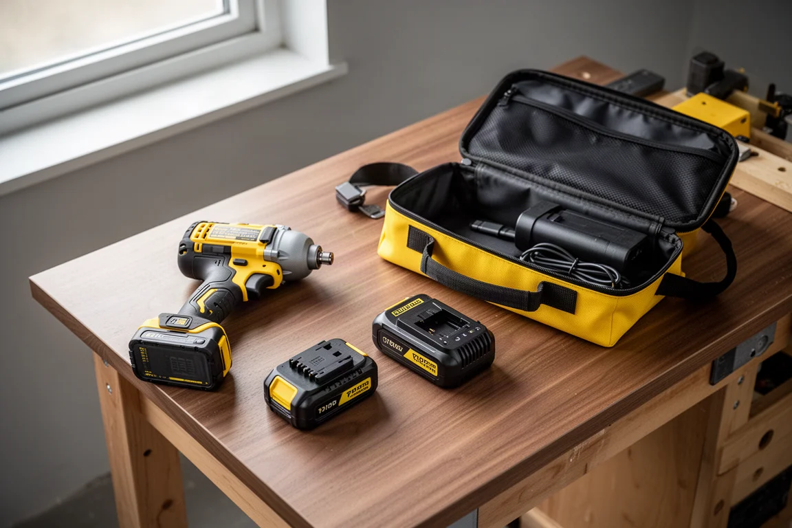 Kompakt skruvdragarkit upplagt med batterier och väska