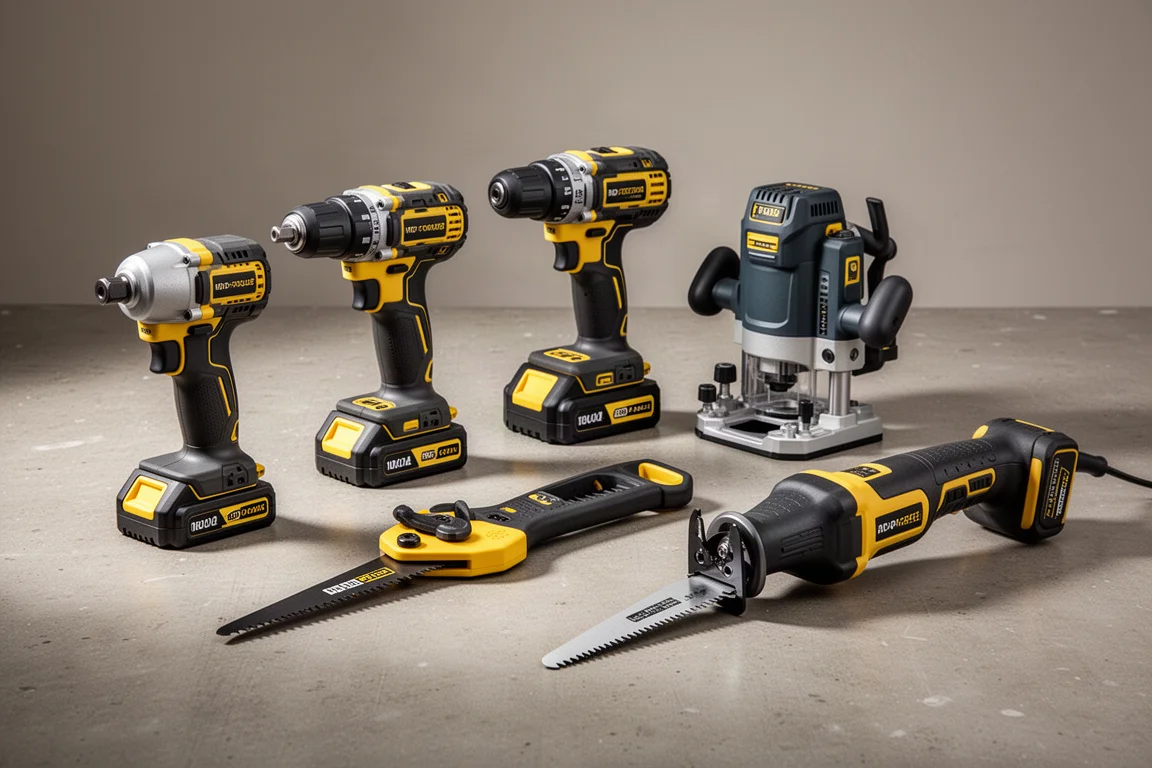 Assortment of cordless power tools with battery packs on a concrete floor