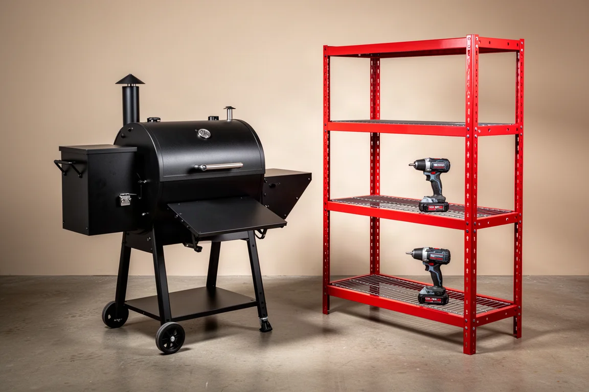 Pellet grill, red steel garage shelving, and a cordless impact wrench arranged in a garage