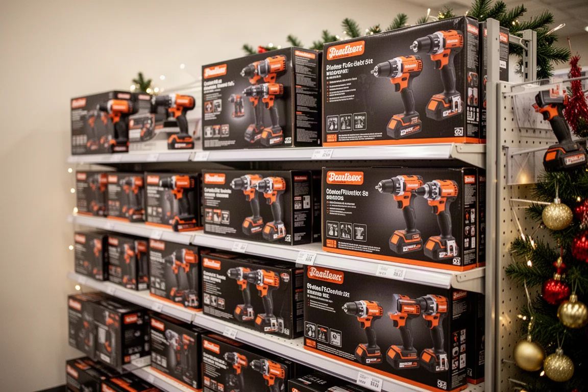 Holiday gift center display with cordless power tool kits arranged on a store shelf