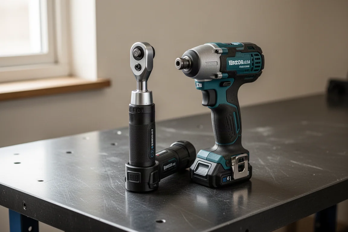 Compact cordless ratchet and impact driver kit resting on a workbench