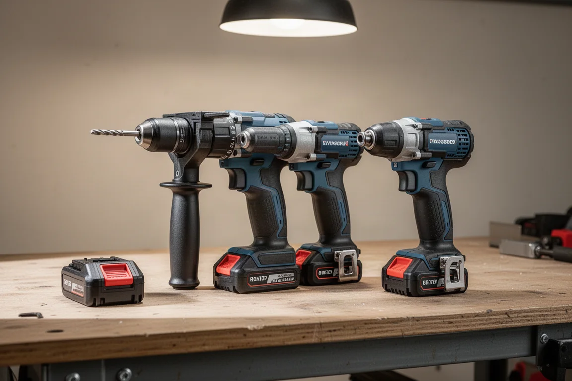 Hammer drill and impact driver combo kit on a garage workbench