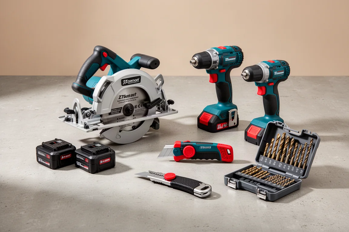 Assortment of cordless power tools and hand tools arranged on a concrete surface