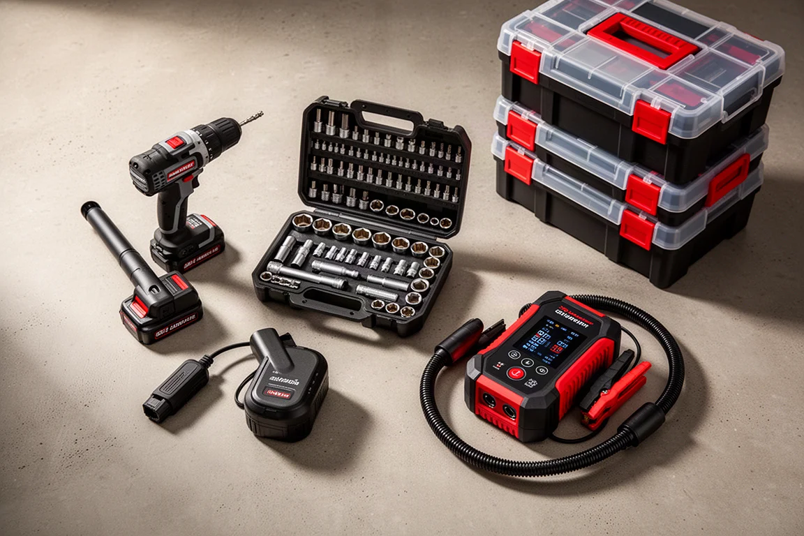 Flat-lay of cordless drill, shop vacuum, socket set, jump starter and tool boxes on concrete