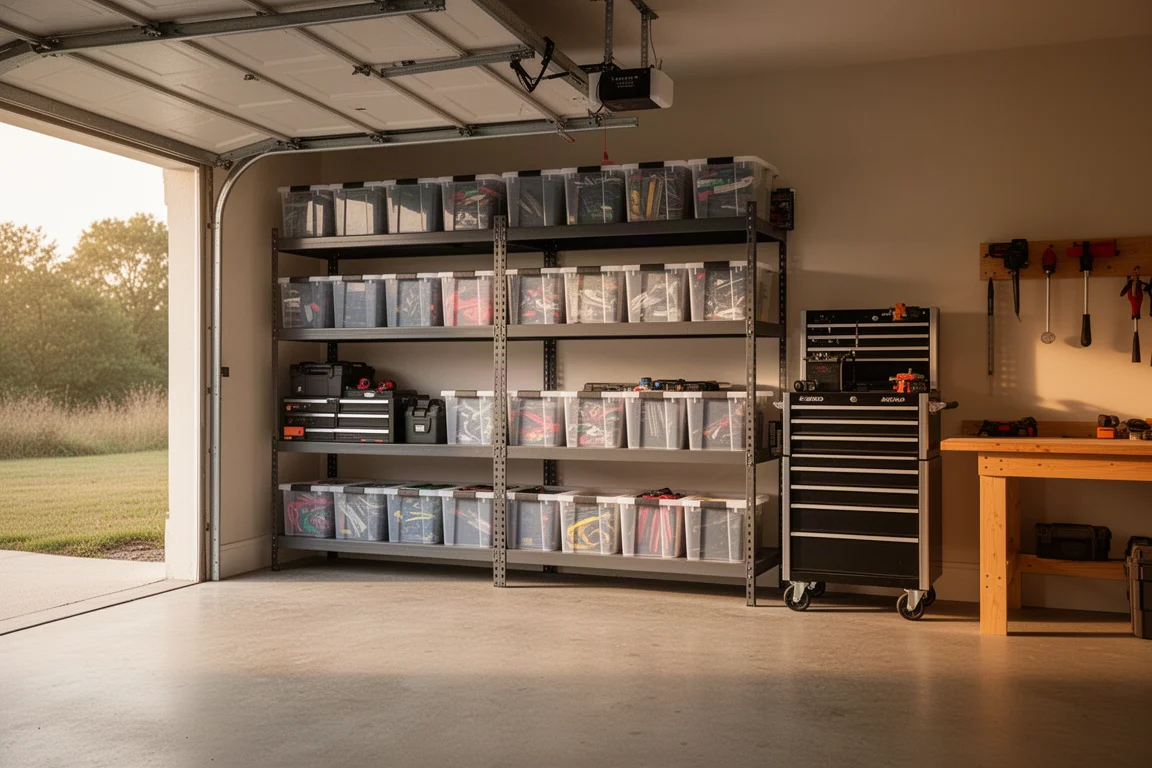 Aufgeräumte Garage mit Metallregalen, gestapelten Boxen und rollbarem Werkzeugwagen