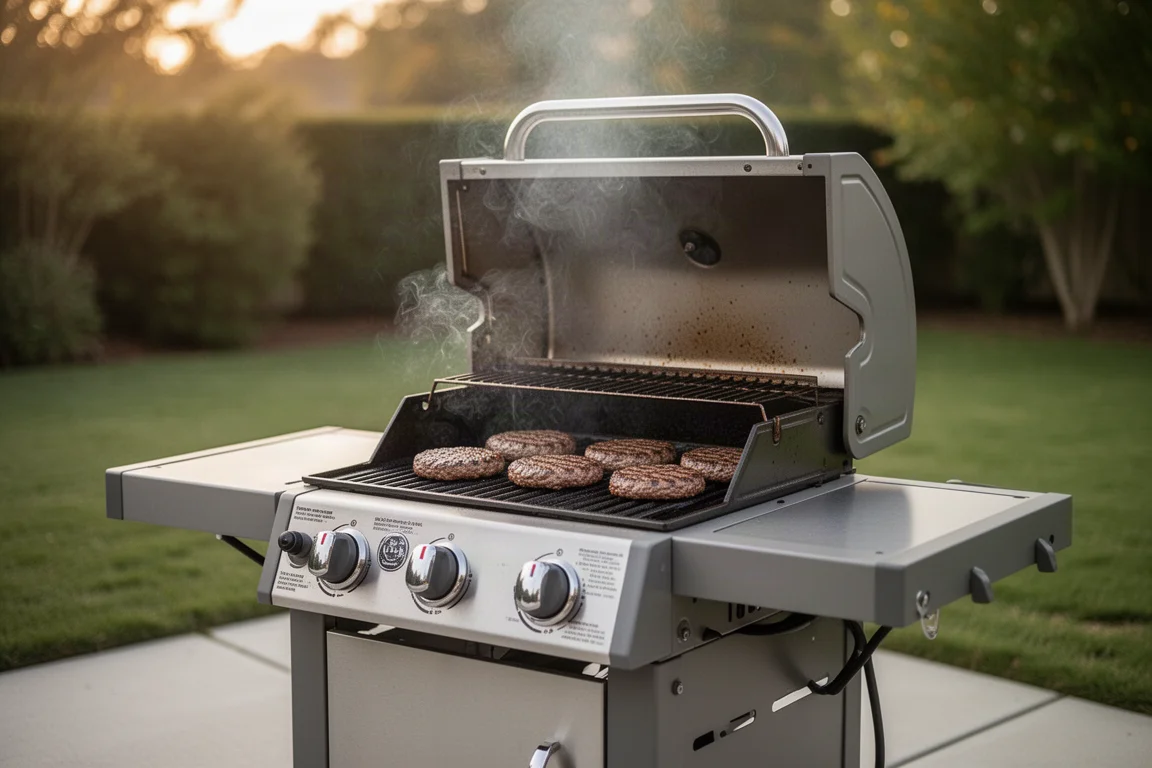 Gasgrill brät Burger im Freien auf der Terrasse zur goldenen Stunde