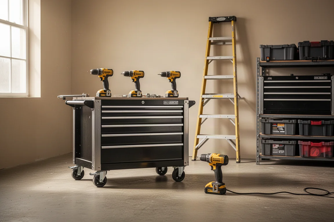 Workshop garage with tool chest, ladder, and storage shelving