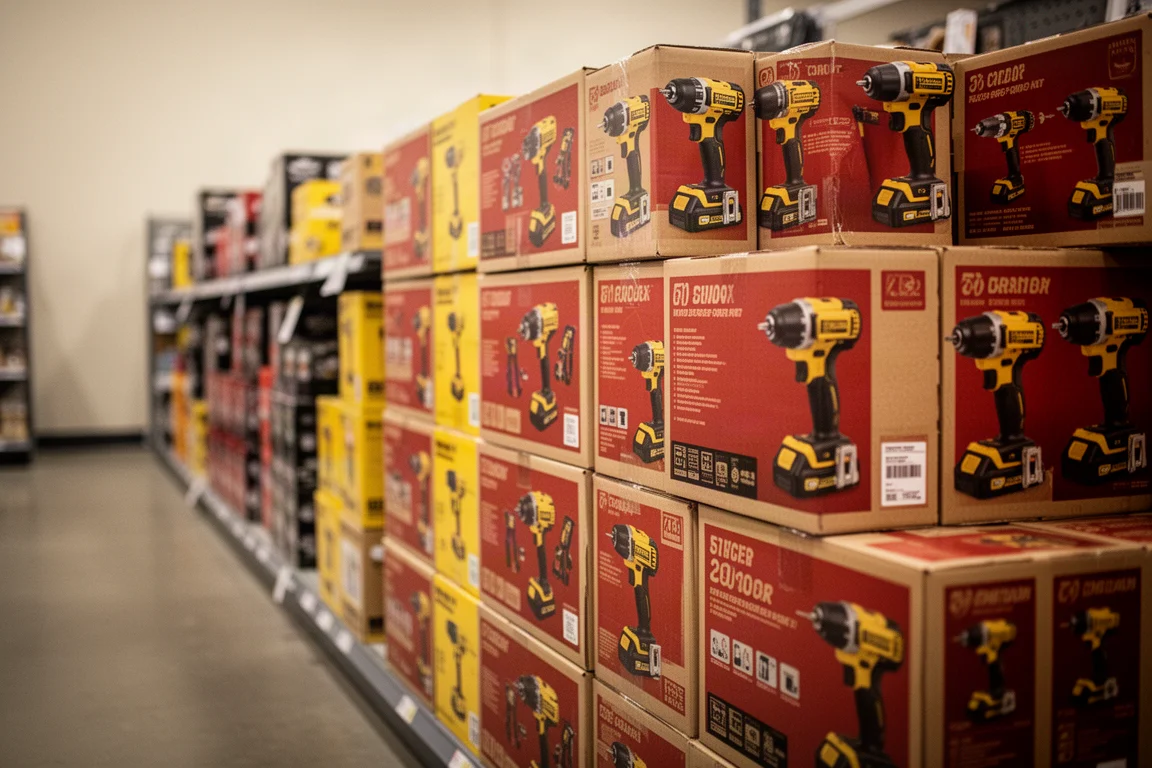 Aktions endcap im Werkzeugladen mit gestapelten Akku-Kombisets unter Rabattschildern