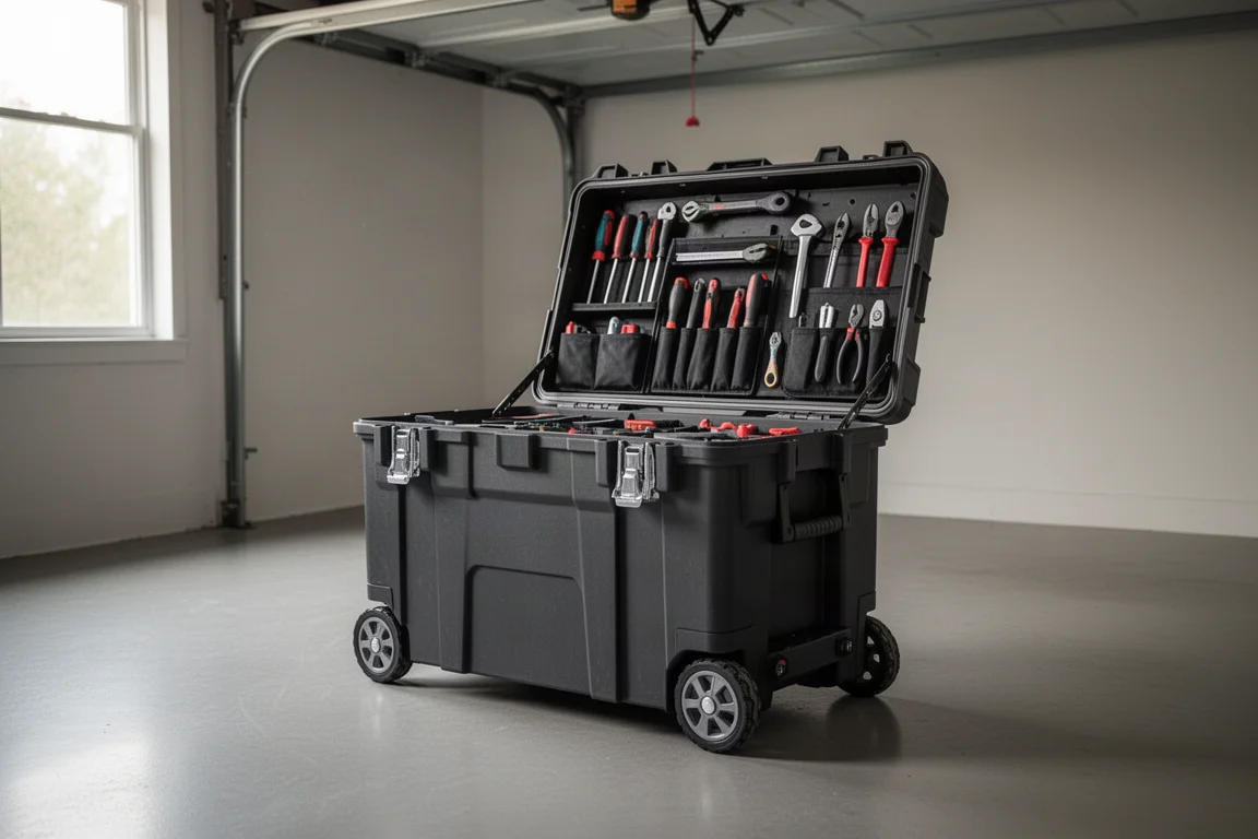 Modulärt rullande verktygslåda på ett garaggolv med organiserad förvaring inuti