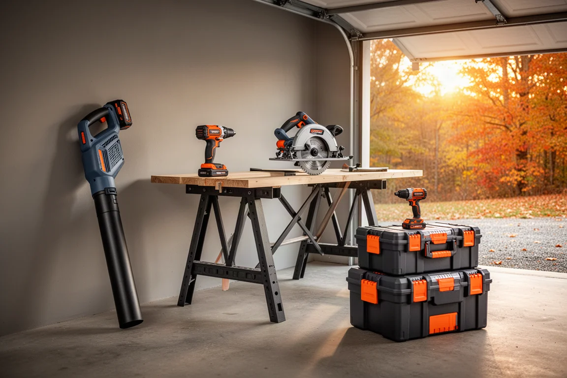 Cordless power tools and stacked tool boxes in a warmly lit garage