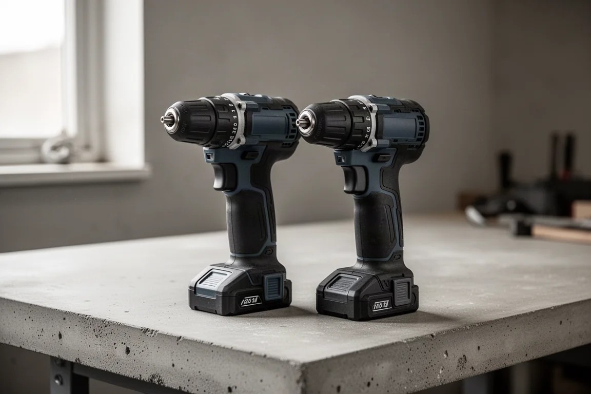 Twee accuschroefmachines op een betonnen werkbank in de werkplaats, in zacht daglicht van het raam