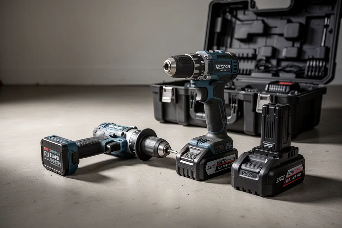 Accuklopboormachine-set met accu's en lader uitgelegd op de garagevloer