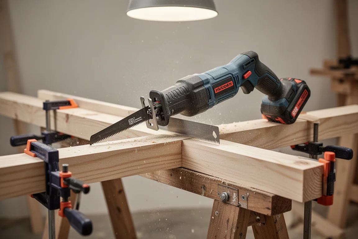 Accu-reciprozaag midden in een zaag-snede in een plank hout, in een werkplaats