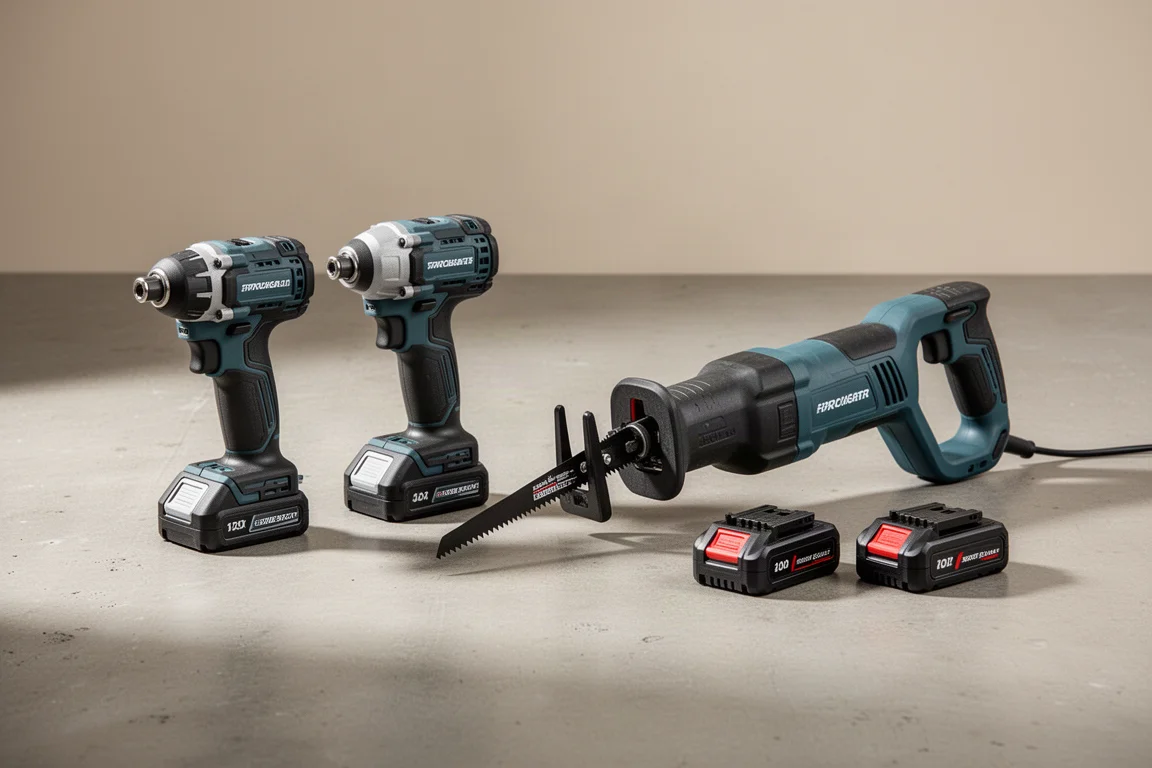 Lineup of cordless power tools and batteries on a concrete workshop floor